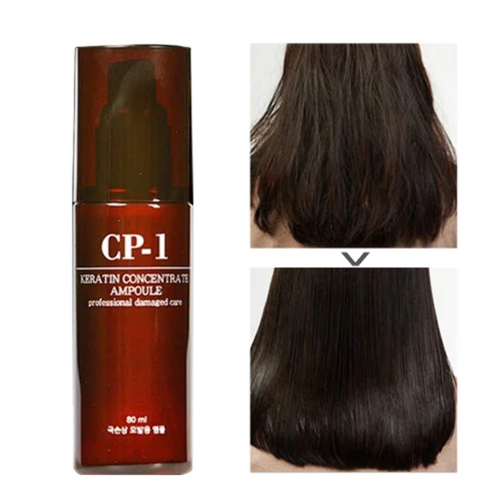 CP-1 Keratin Concentrate Ampoule bottle with before and after hair images on a white background