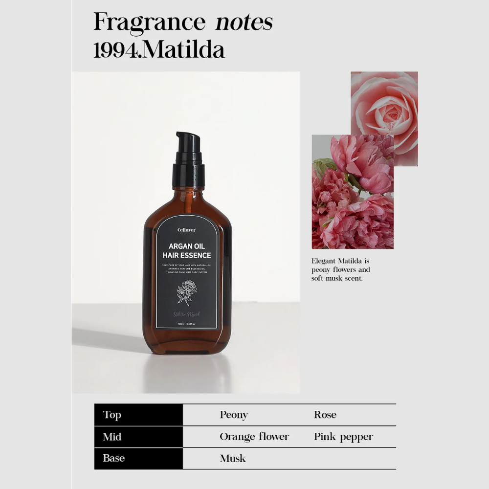 Brown bottle of Argan Oil Hair Essence with floral elements and fragrance notes text on a white background