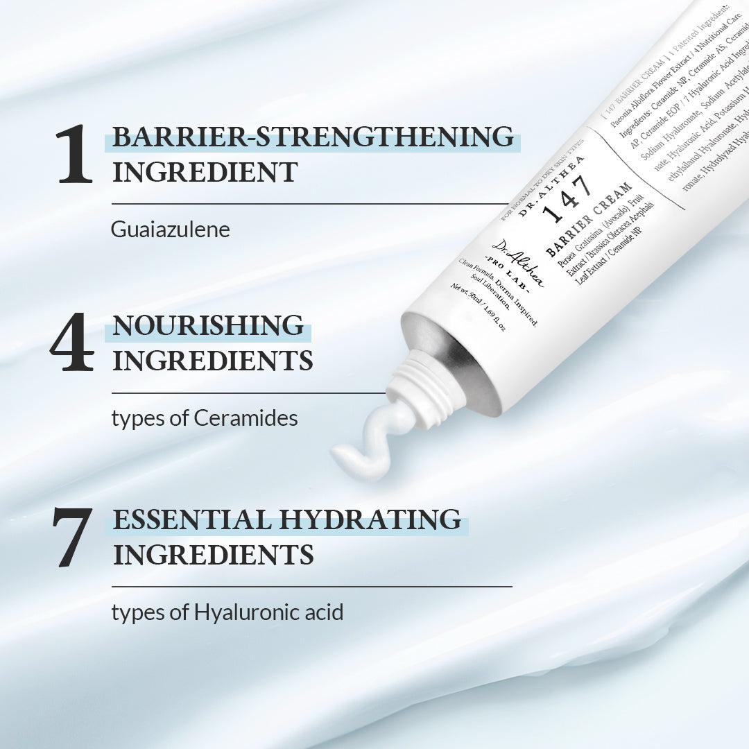 Tube of Dr.Althea 147 Barrier cream 50ml with text detailing ingredients on a light blue background 
