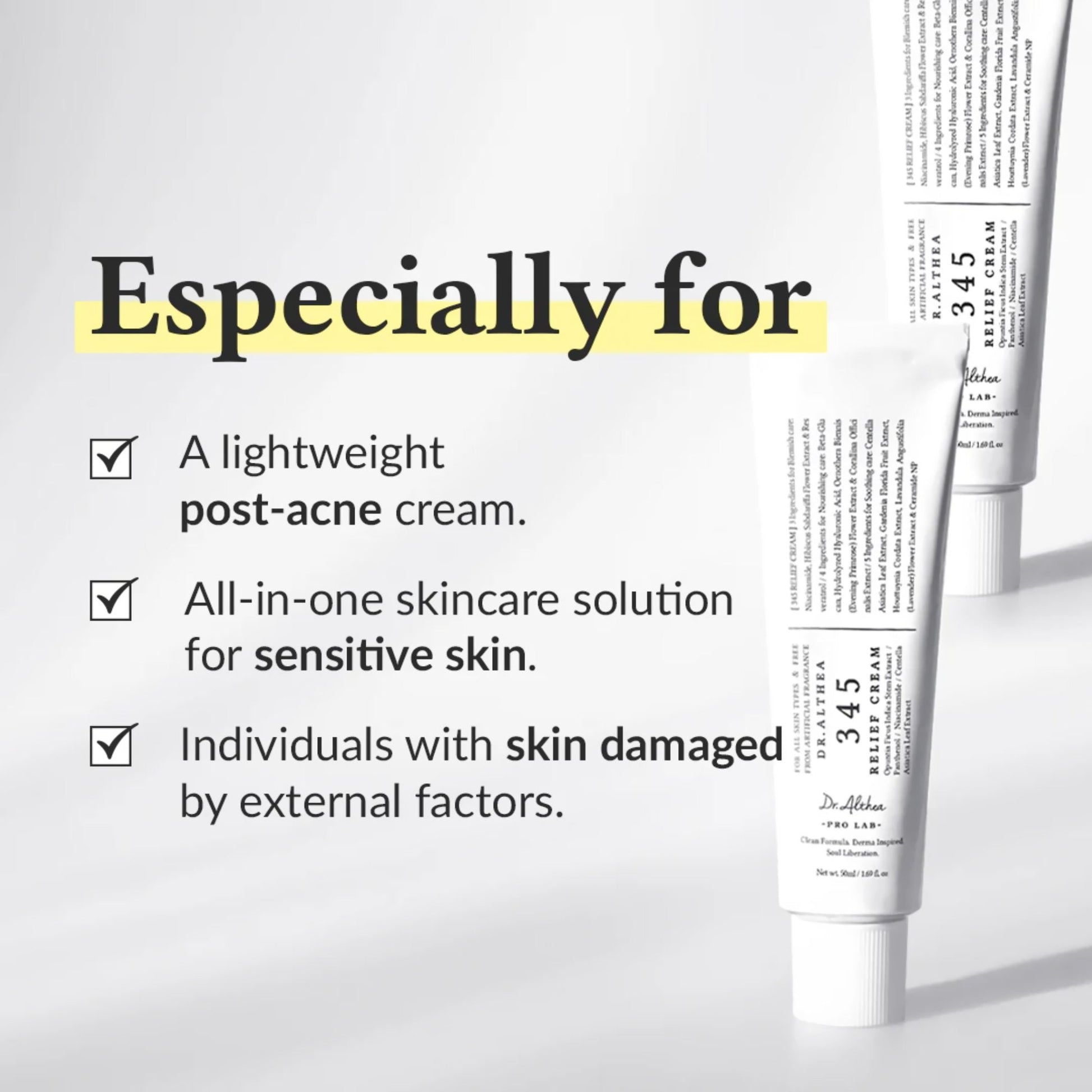 Dr.Althea 345 Relief Cream 50ml recommended for sensitive, damaged and post acne skin