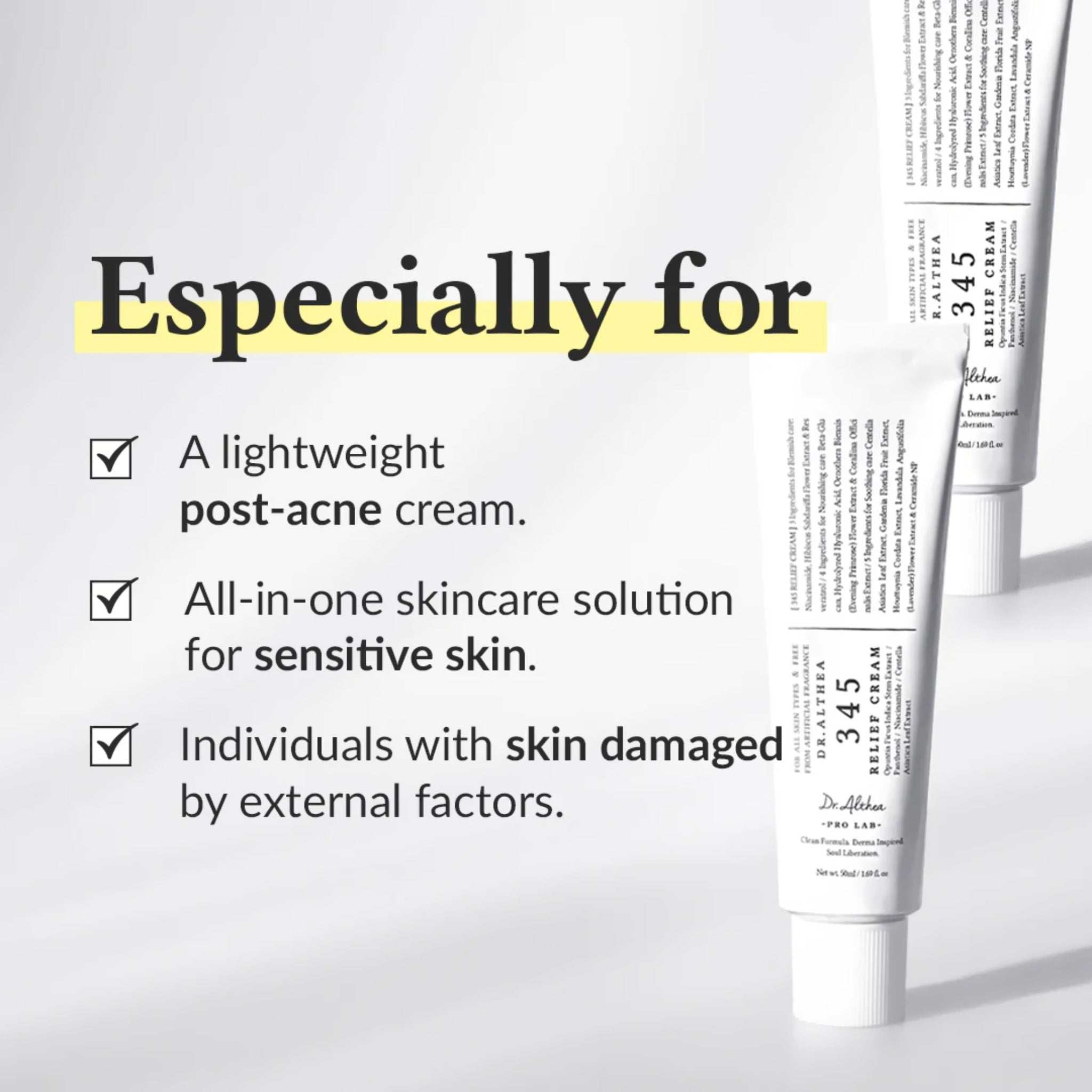 Dr.Althea 345 Relief Cream 50ml recommended for sensitive, damaged and post acne skin