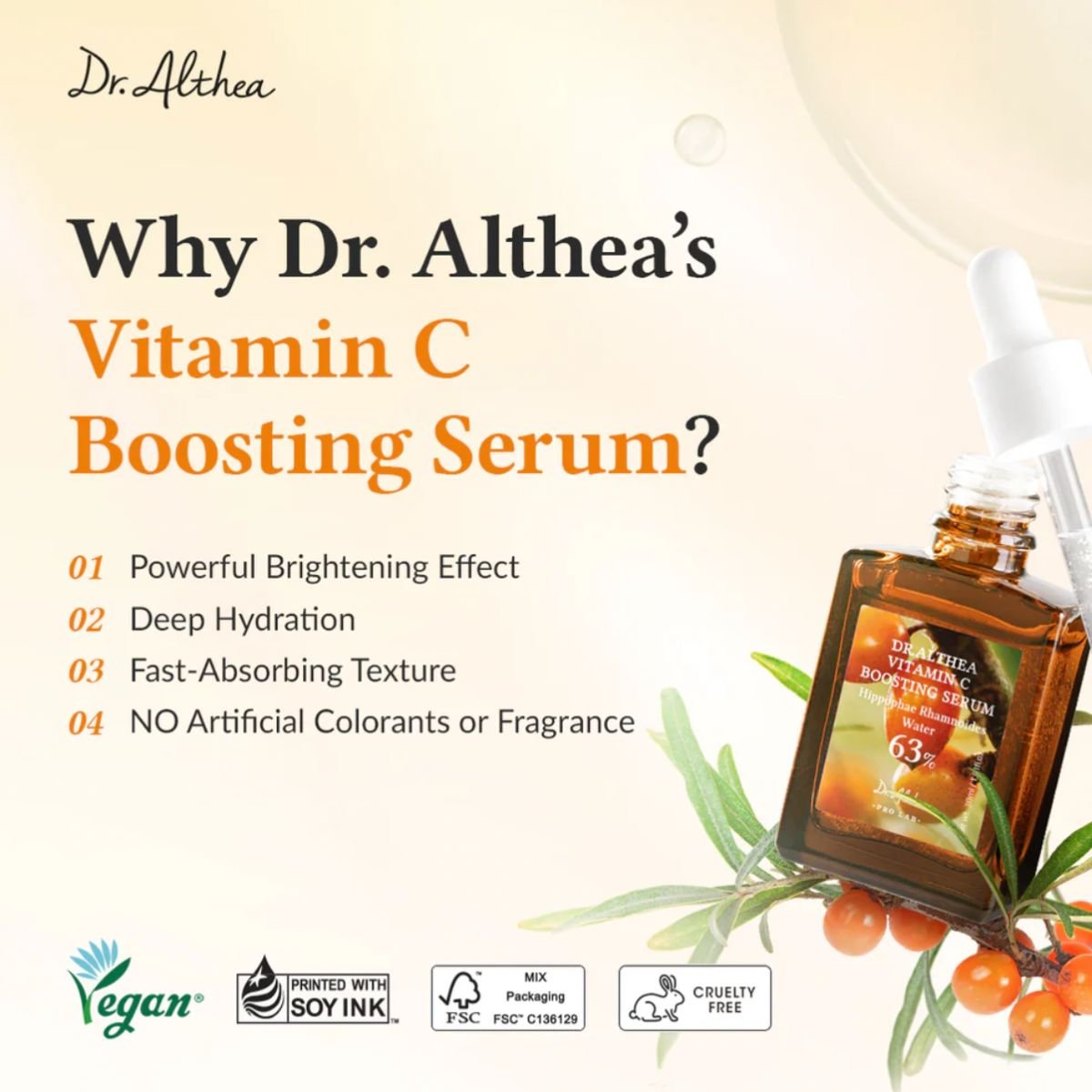 Dr. Althea Vitamin C Boosting Serum highlighting benefits and product details.