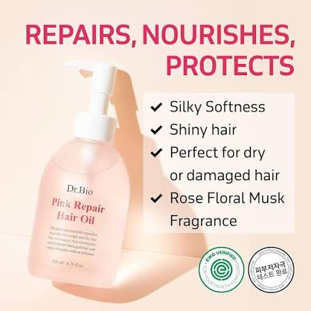 Dr. Bio Pink Repair Hair Oil bottle with product benefits on a beige background