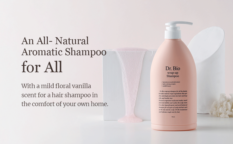 Dr. Bio shampoo bottle on a light pink background with text about the product.
