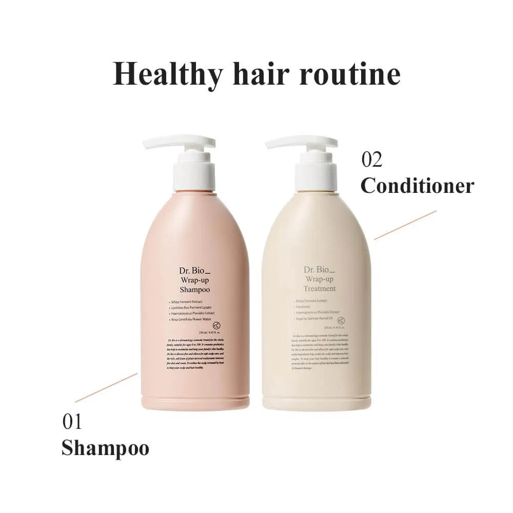 Dr. Bio shampoo and conditioner bottles labeled 'Shampoo' and 'Conditioner' on a white background.
