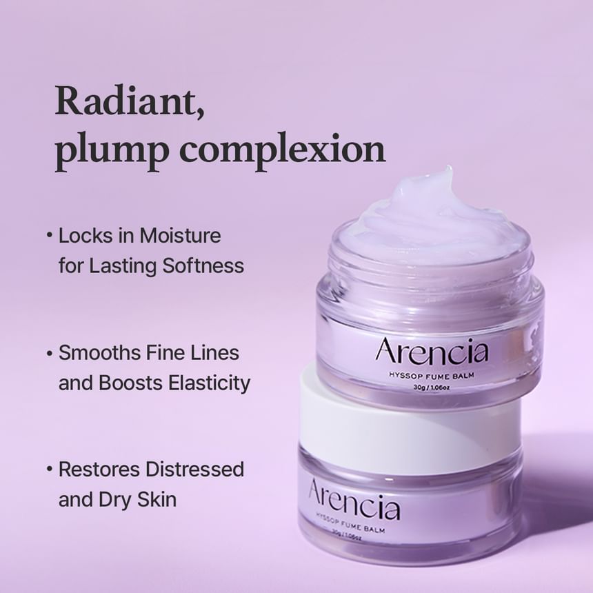 Jar of Arencia cream with text on a purple background