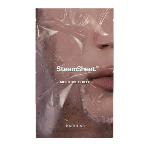 Barulab SteamSheet Moisture Shield packaging with a clear sheet over a person's face.