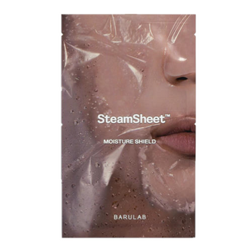 Barulab SteamSheet Moisture Shield packaging with a clear sheet over a person's face.