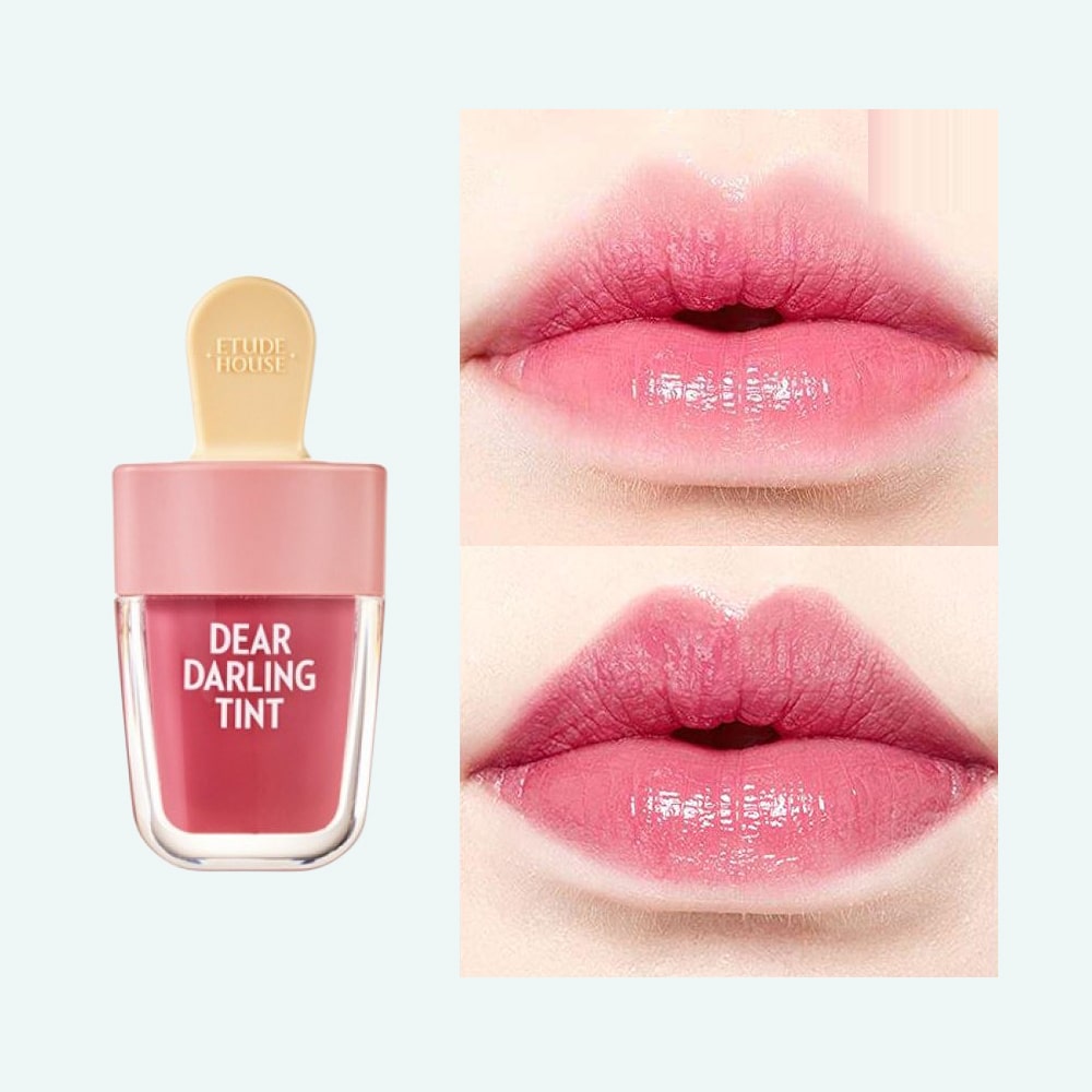 Lip tint with 'Dear Darling Tint' text on a white background