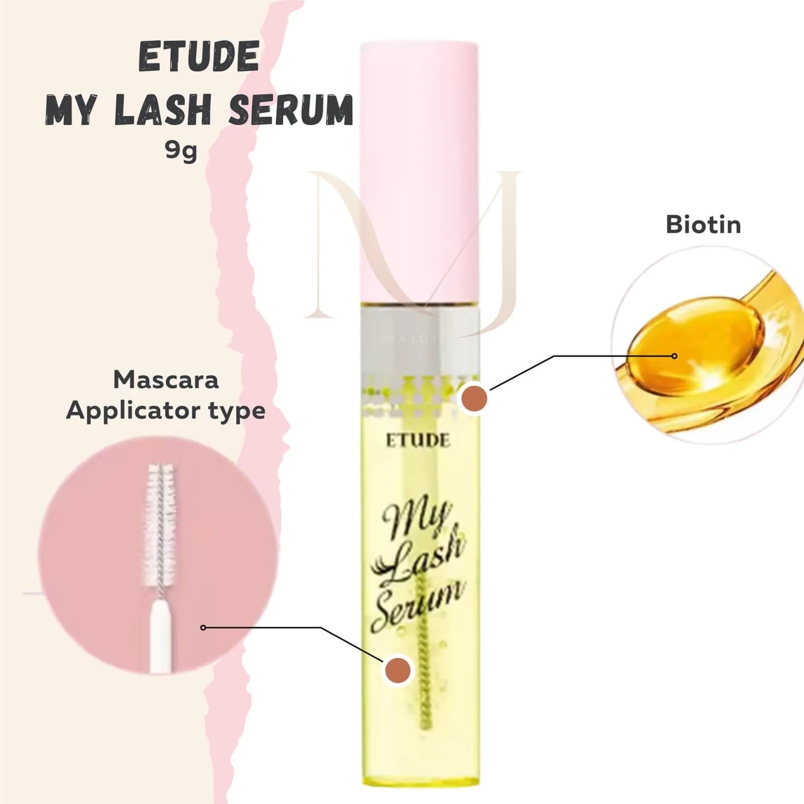 Etude My Lash Serum with mascara applicator type and biotin illustration on a white background