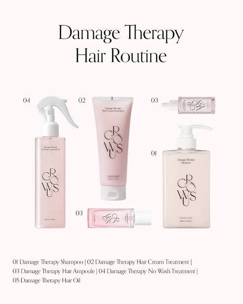 Cosmetic products labeled 'CRWUS' with text 'Damage Therapy Hair Routine' on a white background.