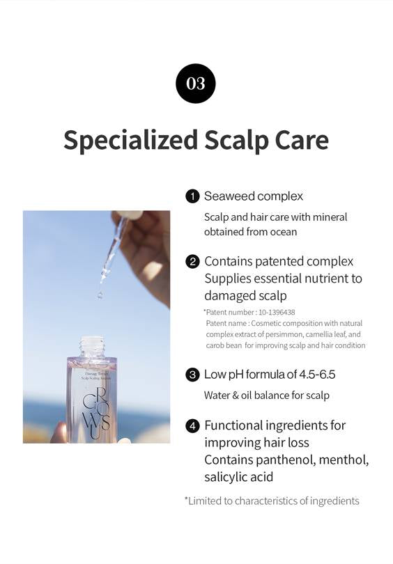 Specialized scalp care product with text detailing its features on a white background