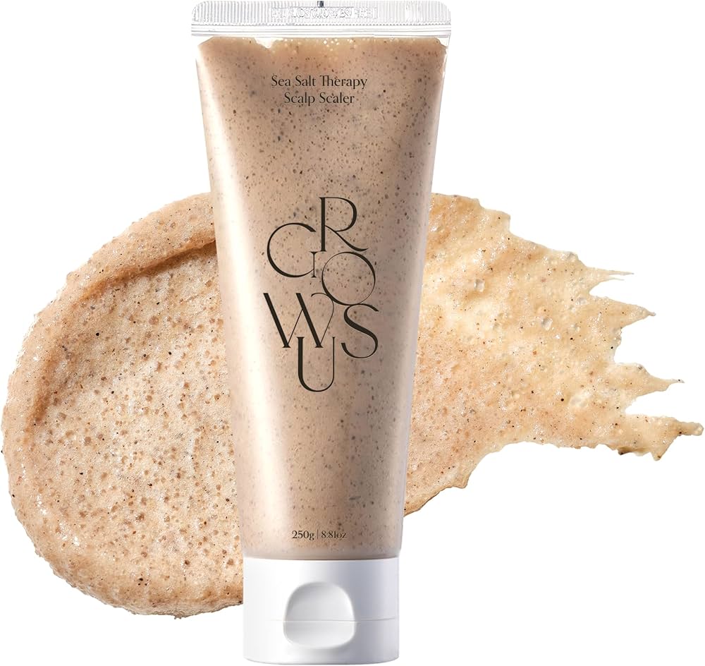 Tube of 'Grow U' sea salt therapy scalp scaler with a sample on a white background