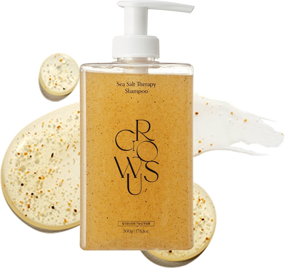 Shampoo bottle with pump and sea salt therapy packaging on a white background