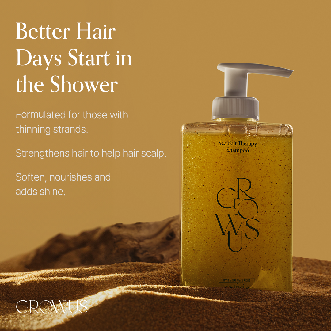 Shampoo bottle with text about hair care on a brown background