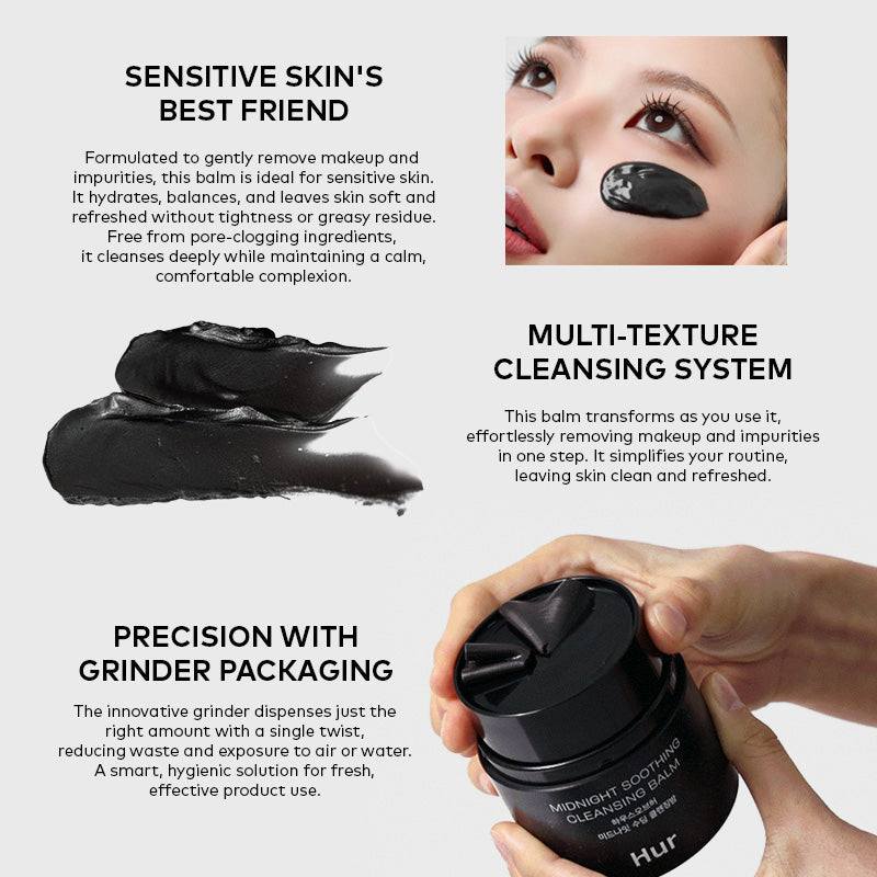 Black cleansing balm with packaging and text about its benefits for sensitive skin.