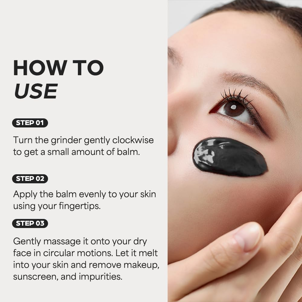 Instructions on how to use a black balm with a close-up of a woman's face applying it.