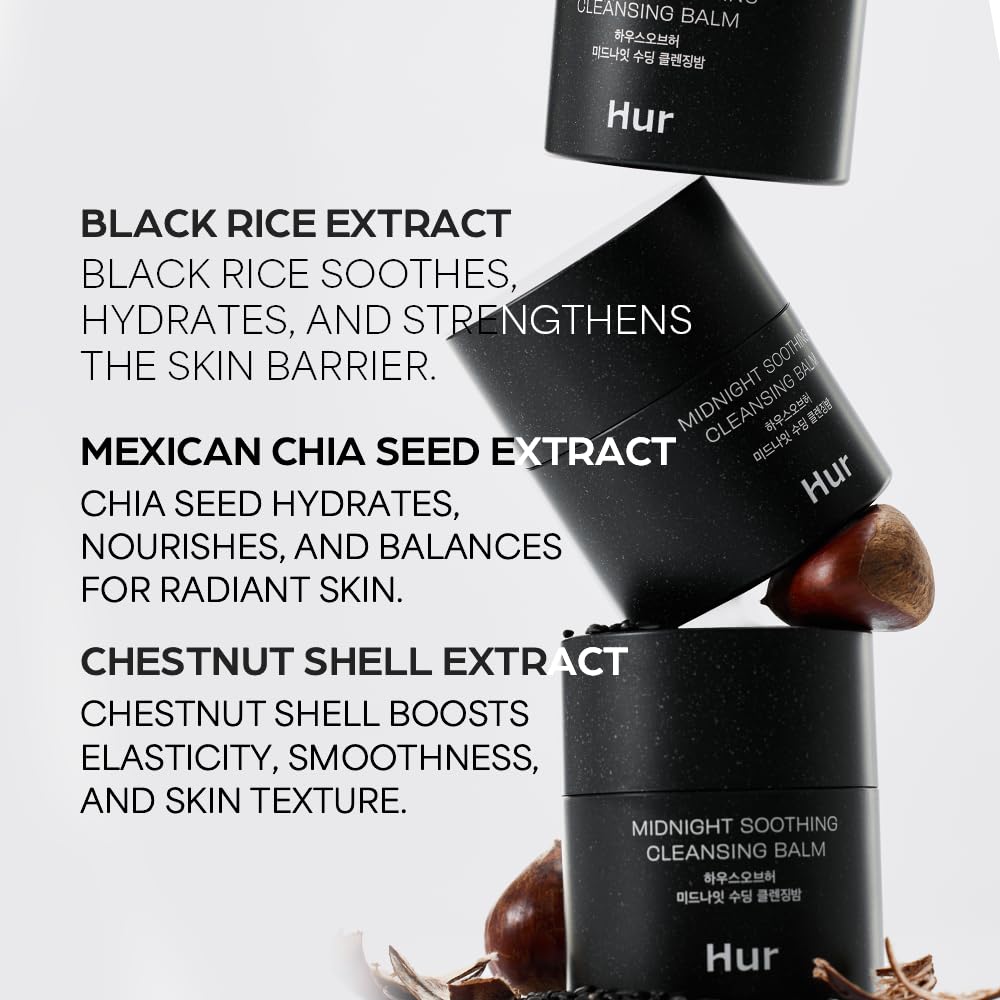 Three house of hur black skincare balms with text about ingredients on a white background