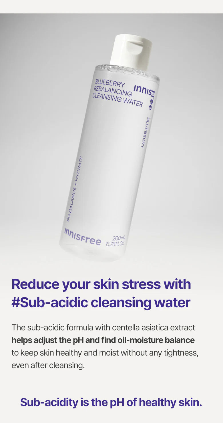 innisfree Blueberry Rebalancing Cleansing Water bottle on a gray background