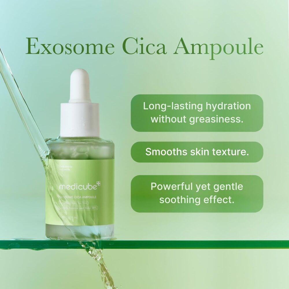 Exosome Cica Ampoule Benefits on a green background