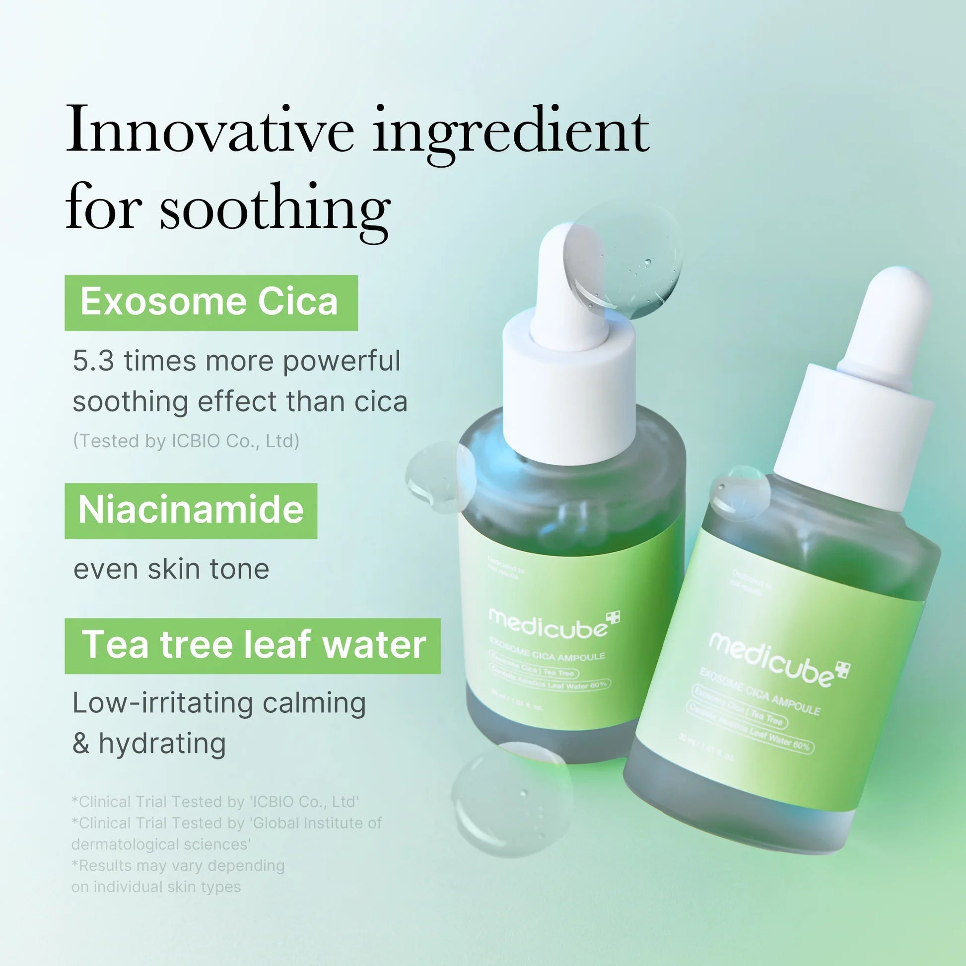 Two Medicube skincare droppers with text highlighting ingredients on a light green background