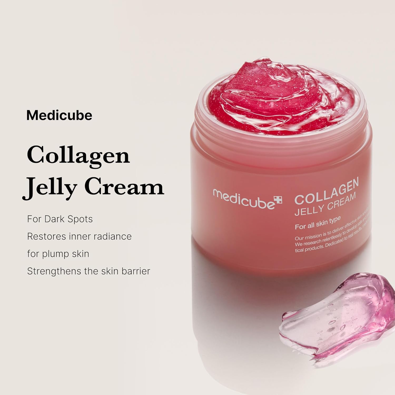 Jar of Medicube Collagen Jelly Cream with pink cream benefits on a light background