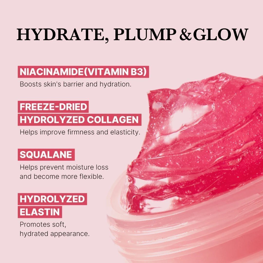 Product packaging with skincare ingredients listed on a pink background