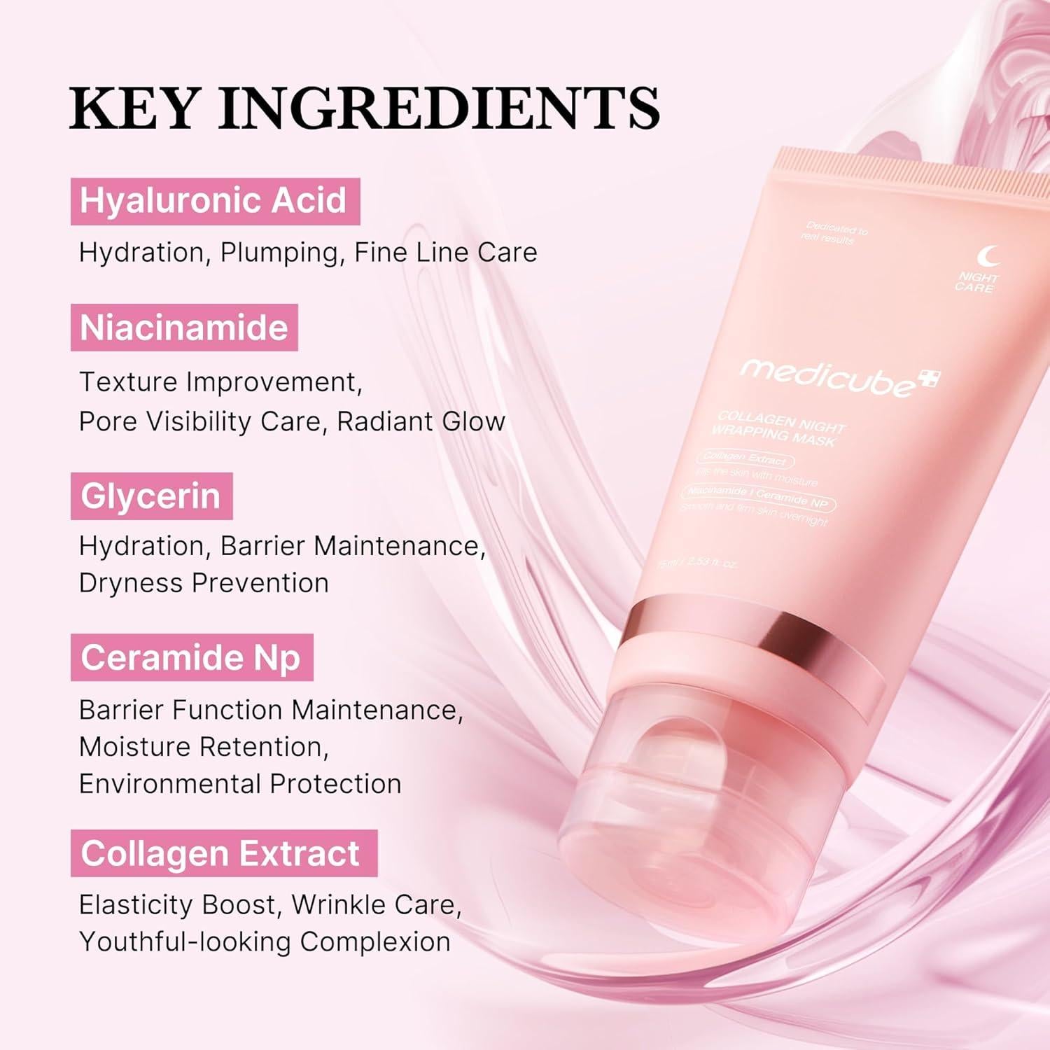 Product with key ingredients listed of MEDICUBE Collagen Night Wrapping Mask 75ml