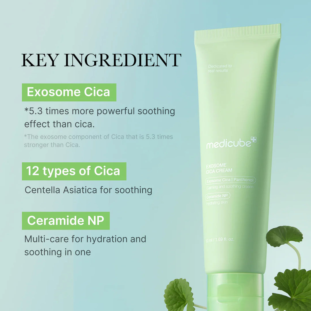 Green skincare product with Exosome Cica and Ceramide NP key ingredients on a light blue background