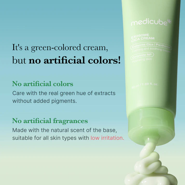 Green-colored cream tube with text highlighting natural ingredients and texture on a light blue background