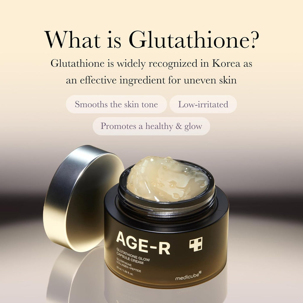 Jar of AGE-R cream with text about glutathione's benefits on a beige background
