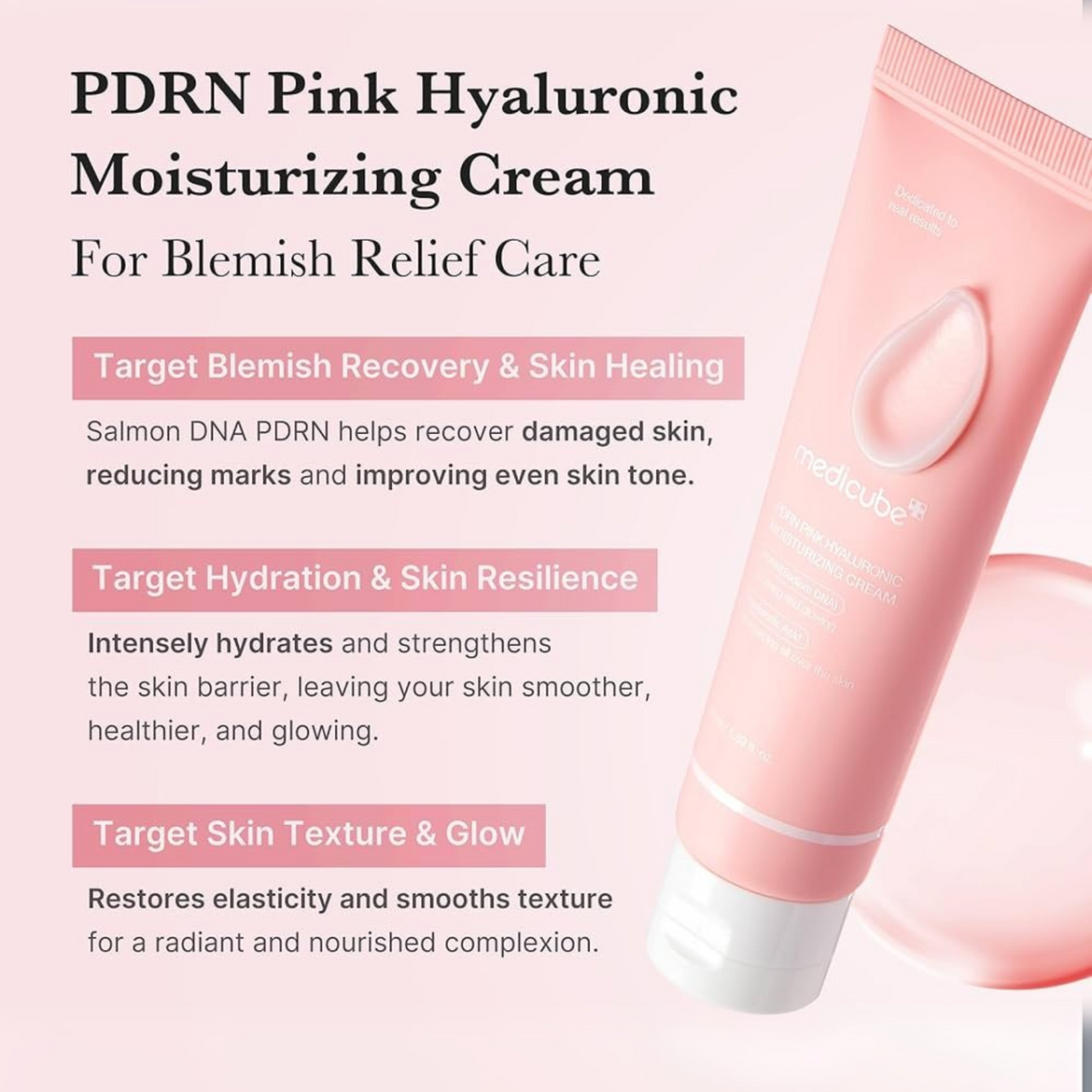 PDRN Pink Hyaluronic Moisturizing Cream with product benefit details on a light pink background