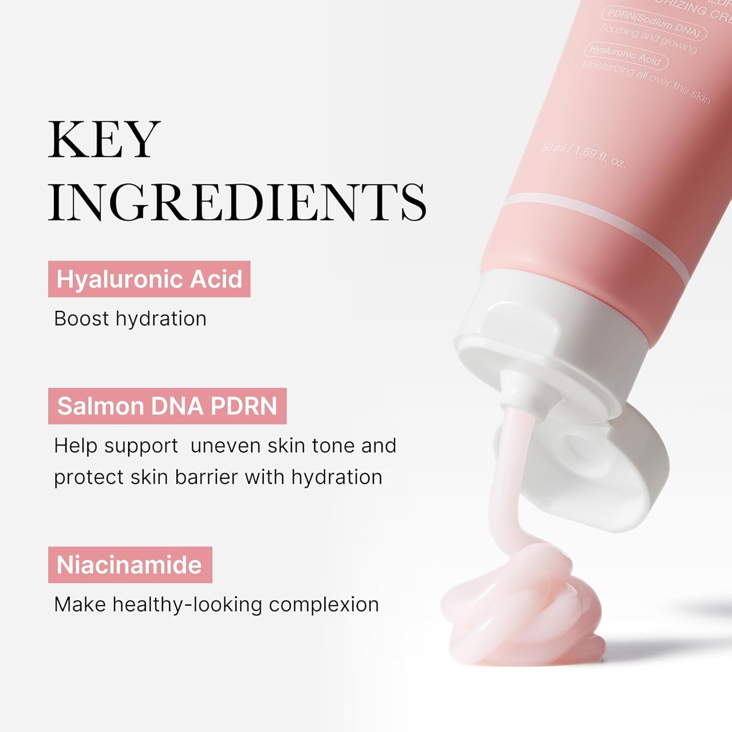MEDICUBE PDRN Pink Hyaluronic Moisturizing Cream skincare product with key ingredients listed on a white background