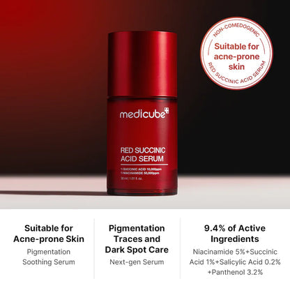Red succinic acid serum bottle with product details on a dark background