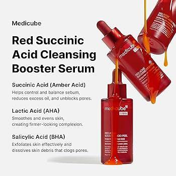 Medicube Red Succinic Acid Cleansing Booster Serum with product texture and text details.