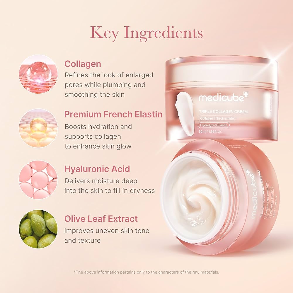 MEDICUBE Triple Collagen Cream 4.0 50ML jar with key ingredients listed on a pink background