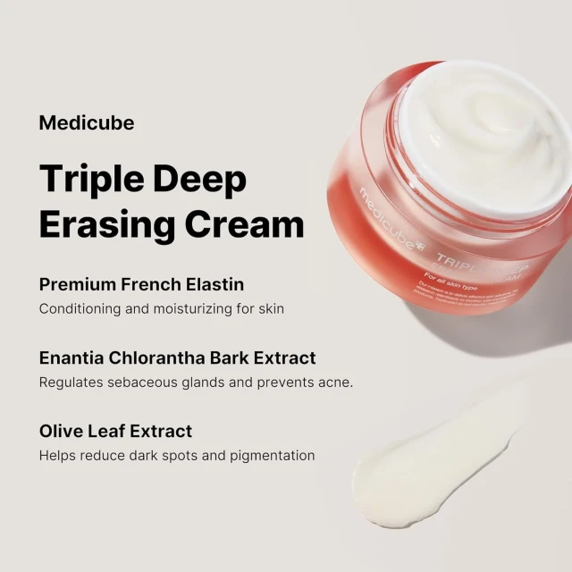 Medicube Triple Deep Erasing Cream benefits with cream on a applicator on a light gray background