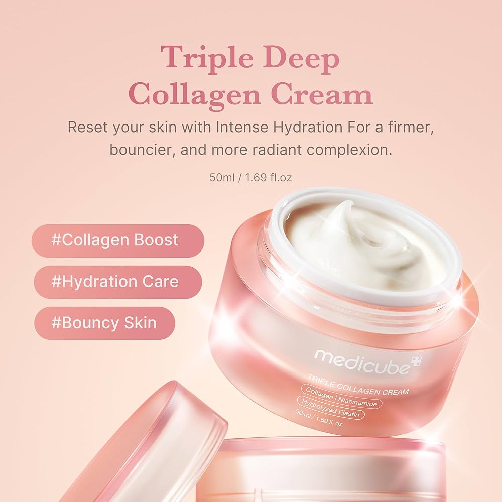 Triple Deep Collagen Cream jar with cream texture, on a pink background