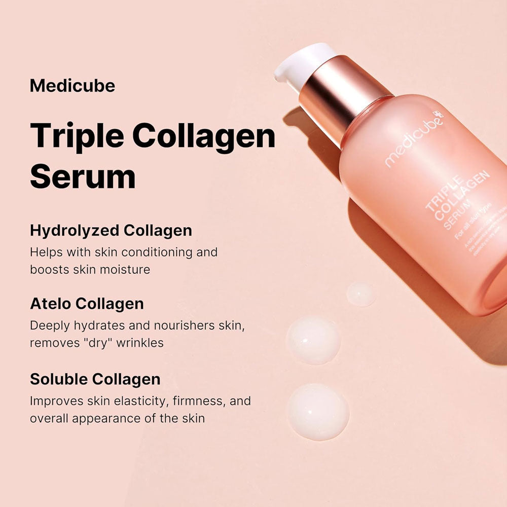 Medicube Triple Collagen Serum bottle on a beige background with product details.