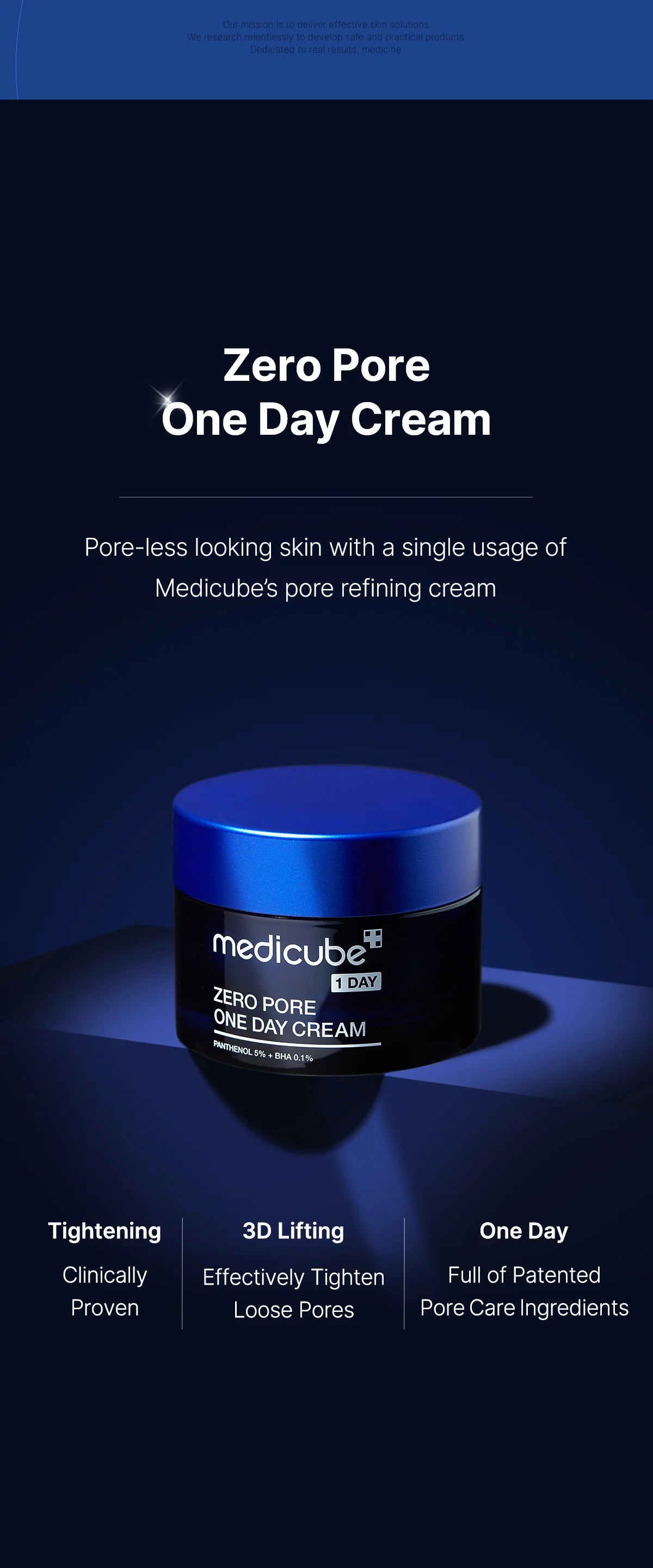 Medicube Zero Pore One Day Cream jar on a dark blue background