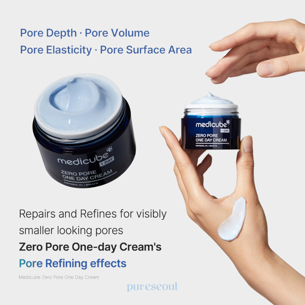 Medicube Zero Pore One-day Cream with a hand holding a jar and applying cream.