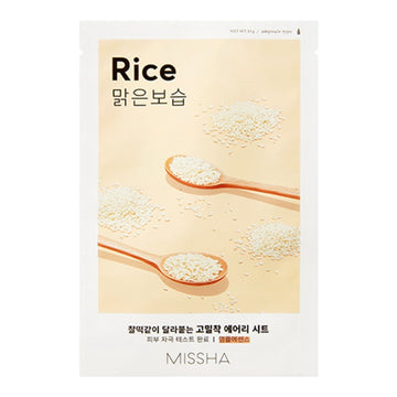 MISSHA Rice Airy Fit Sheet Mask package with a spoonful of rice on a beige background