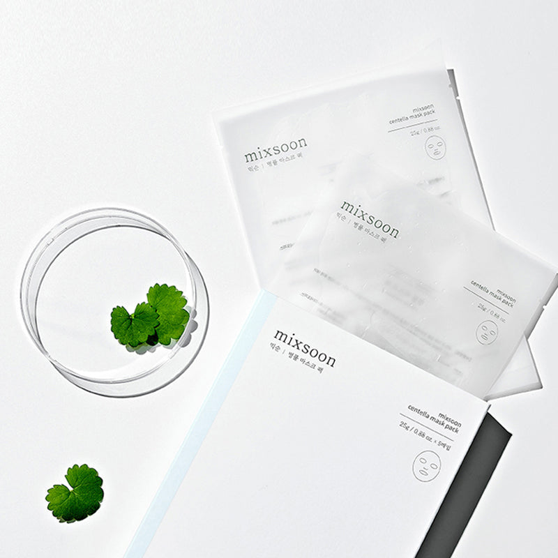 Mixsoon face mask sheets with a small bowl of water and mint leaves on a white background