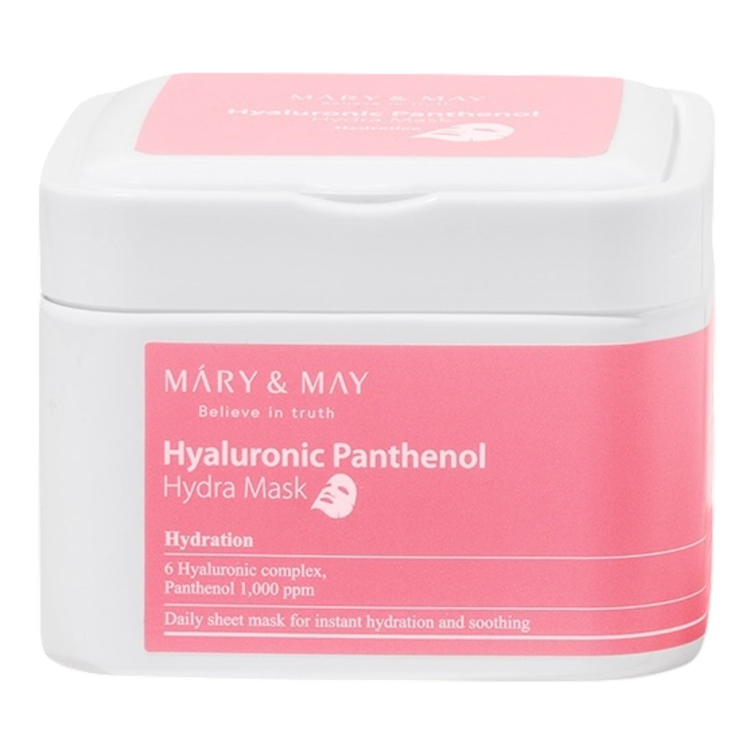 Pink and white container of Mary & May Hyaluronic Panthenol Hydra Mask on a white background