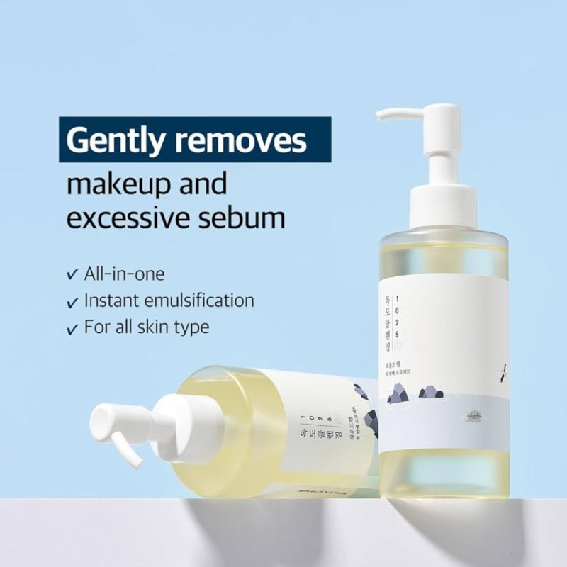 Two bottles of skincare product with text on a light blue background