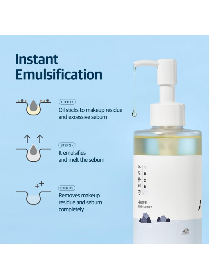 round lab korean Skincare product with pump and text on a blue background