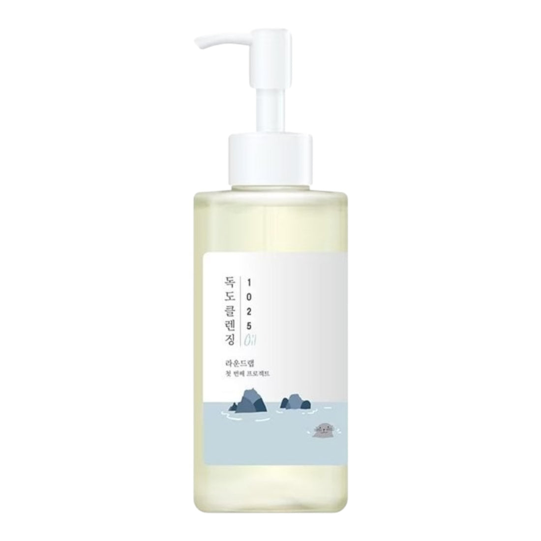 Bottle of round lab 1025 dokdo korean skincare product with pump on a white background