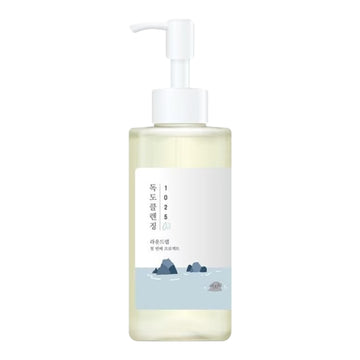 Bottle of round lab 1025 dokdo korean skincare product with pump on a white background