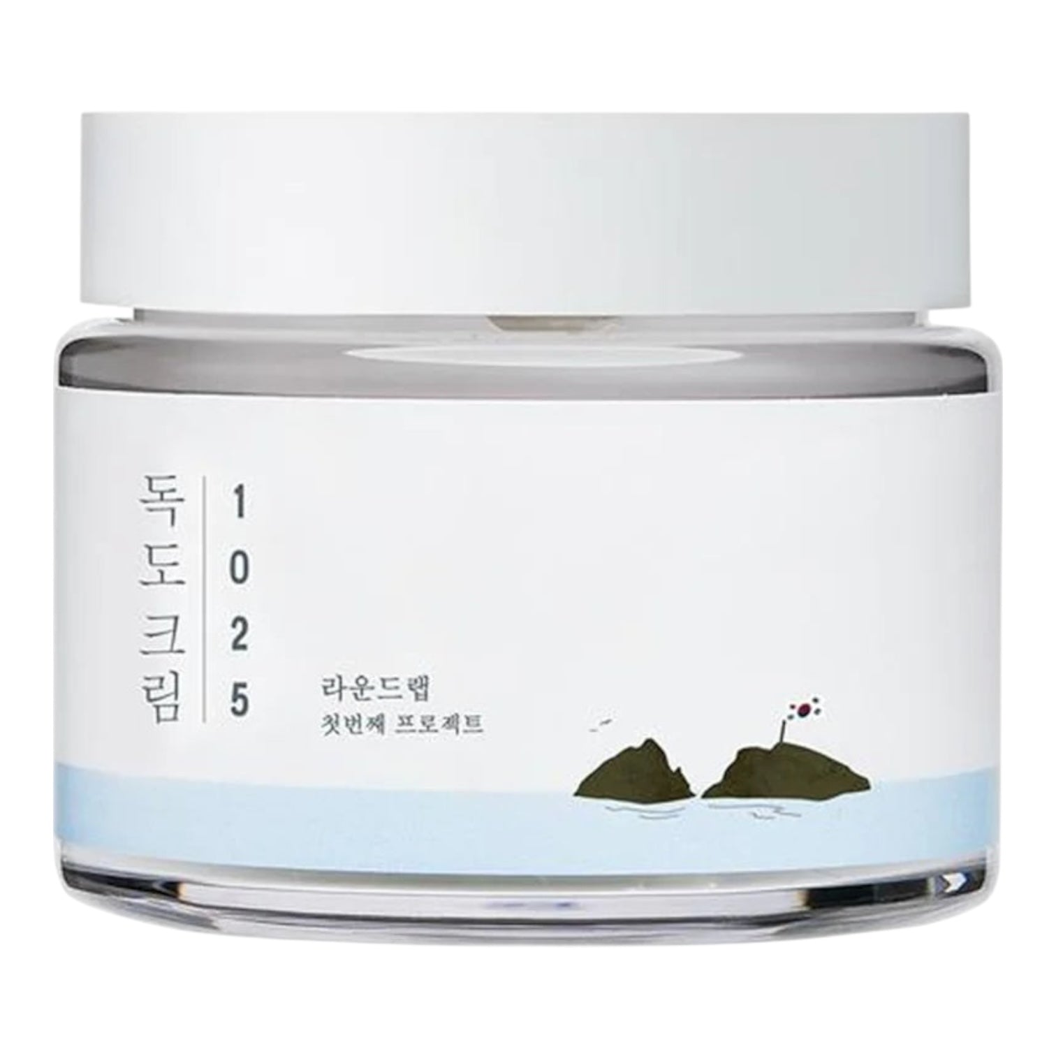 korean Skincare jar round lab 1025 dokdo with text and a design on a white background