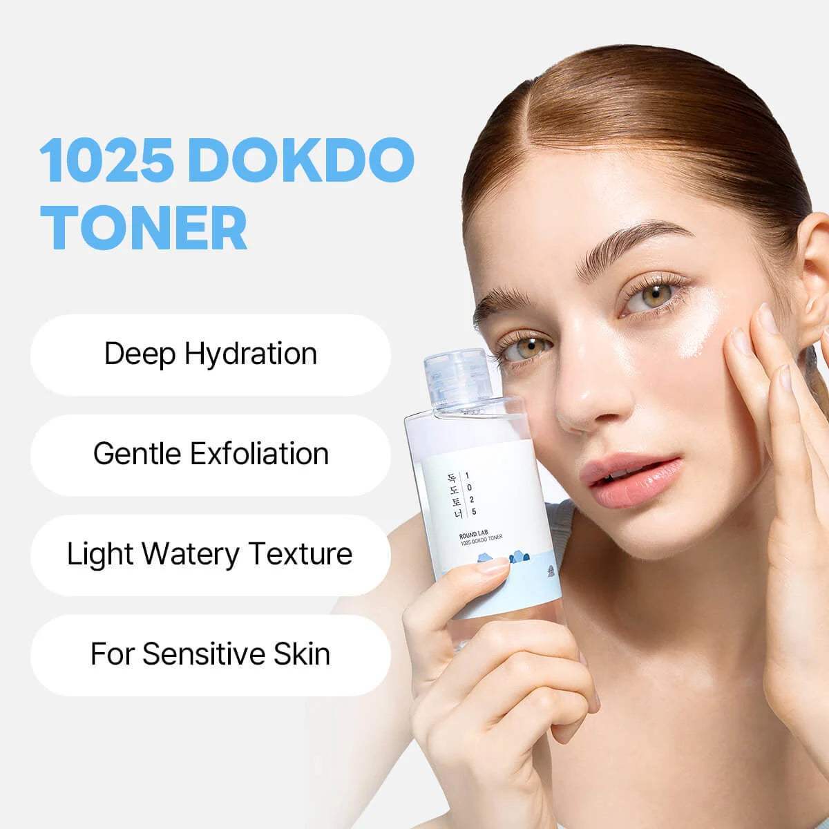 Woman applying round lab 1025 Dokdo Toner to her face with product and benefits listed.